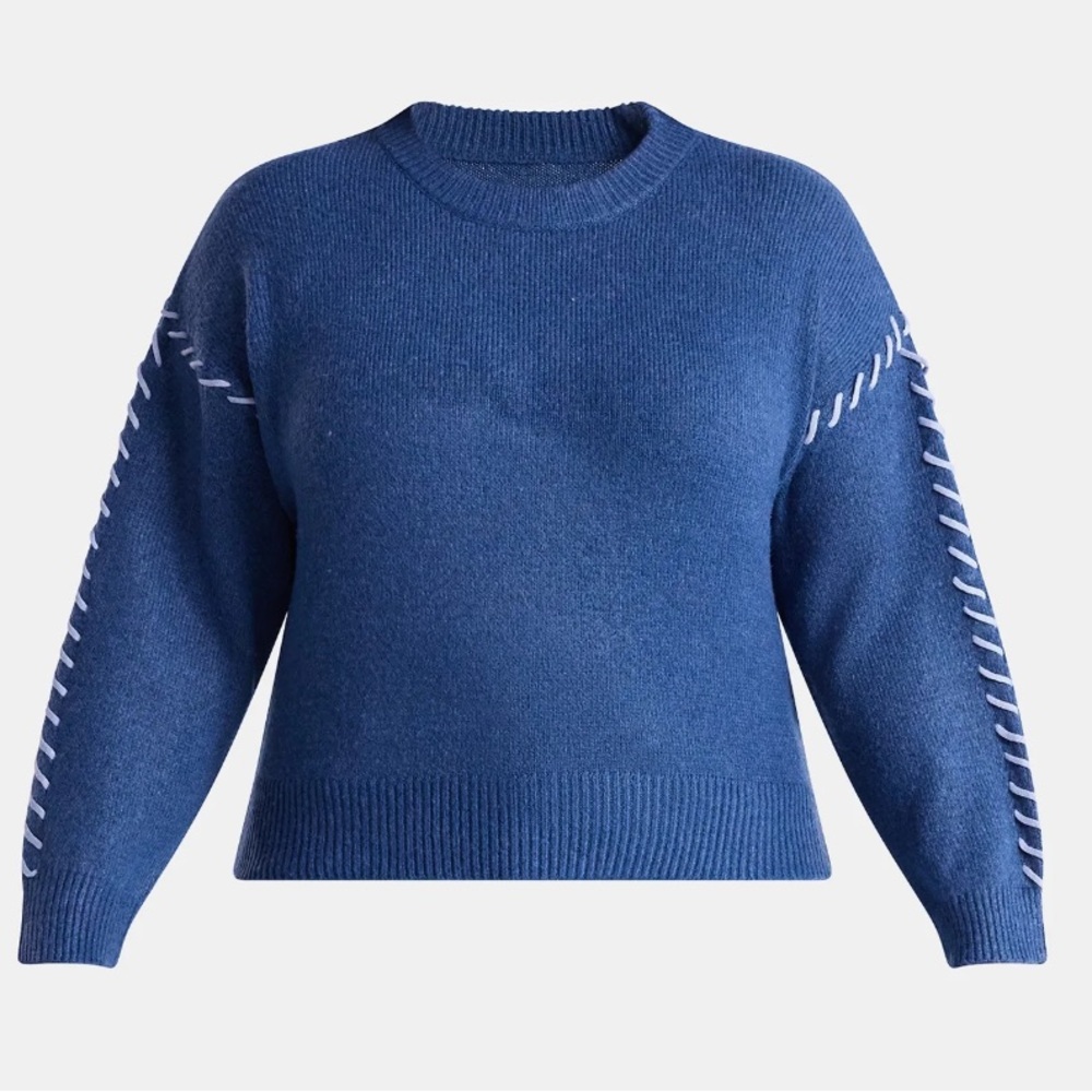 Terra & Sky Women's Plus Cropped Whipstitch Trim Sweater, Lightblue, 0X-14W
